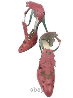 Camilla Elphick Leather Floral Cut Out Pink Green D'orsay Stiletto Heels 38/7.5