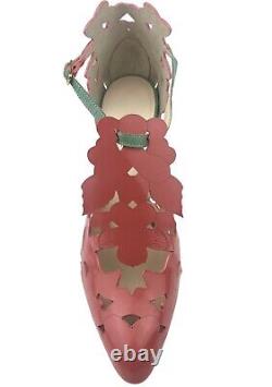 Camilla Elphick Leather Floral Cut Out Pink Green D'orsay Stiletto Heels 38/7.5