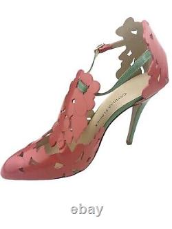 Camilla Elphick Leather Floral Cut Out Pink Green D'orsay Stiletto Heels 38/7.5