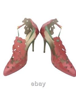 Camilla Elphick Leather Floral Cut Out Pink Green D'orsay Stiletto Heels 38/7.5