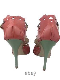 Camilla Elphick Leather Floral Cut Out Pink Green D'orsay Stiletto Heels 38/7.5