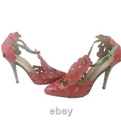 Camilla Elphick Leather Floral Cut Out Pink Green D'orsay Stiletto Heels 38/7.5