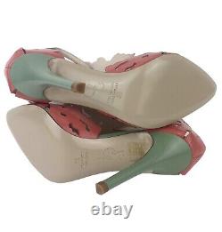 Camilla Elphick Leather Floral Cut Out Pink Green D'orsay Stiletto Heels 38/7.5