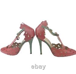 Camilla Elphick Leather Floral Cut Out Pink Green D'orsay Stiletto Heels 38/7.5