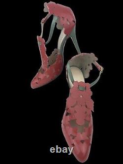 Camilla Elphick Leather Floral Cut Out Pink Green D'orsay Stiletto Heels 38/7.5