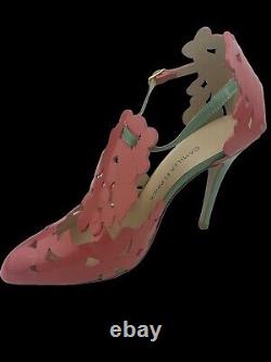 Camilla Elphick Leather Floral Cut Out Pink Green D'orsay Stiletto Heels 38/7.5