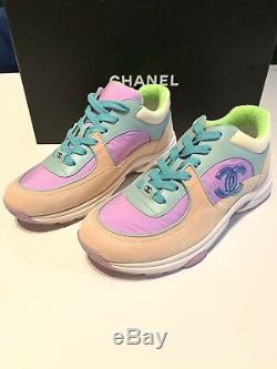 Chanel 19C CC Logo Green Purple Pink Suede Lace Up Sneakers Trainers 37 Cruise