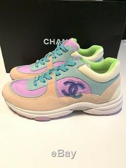 Chanel 19C CC Logo Green Purple Pink Suede Lace Up Sneakers Trainers 37 Cruise