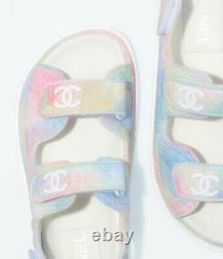 Chanel 22C Green Pink Blue White CC Logo Mule Slide Strap Flat Dad Sandal 40.5
