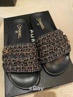 Chanel Mules Slides Grn/navy/pink 38 New
