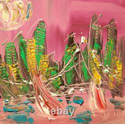 Cityscape Mark Kazav Original Oil Painting Abstract Modern Art Green Pink