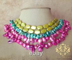 Color Explosion Pink Lime Green Aqua Blue Chunky Coin Pearl Statement Necklace