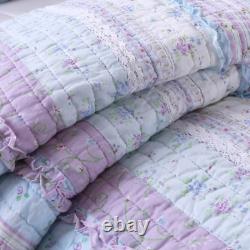 Cottage Country Blue Lavender Pink Green Purple Lilac Ruffle Lace Soft Quilt Set