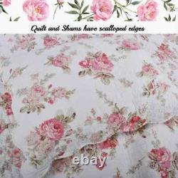 Cozy Cottage Shabby Chic Country Pink Green Red Ivory White Rose Leaf Quilt Set