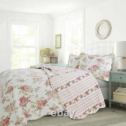 Cozy Cottage Shabby Chic Country Pink Green Red Ivory White Rose Leaf Quilt Set
