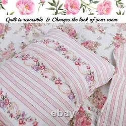 Cozy Cottage Shabby Chic Country Pink Green Red Ivory White Rose Leaf Quilt Set