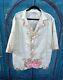 Crème Camp Collared Shirt With Pink And Green Embroidery- Sz L
