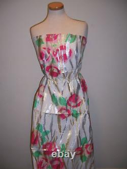 DESIGNER WHITE PURE COTTON VIBRANT HOT PINK GREEN FLORAL With METALLIC SILVER GOLD
