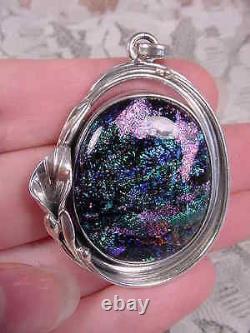 (D-518) DICHROIC Fused GLASS SILVER Pendant PINK GREEN BLUE sparkle
