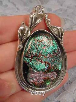 (#D-805-A) DICHROIC Fused GLASS SILVER Pendant GREEN ORANGE PINK