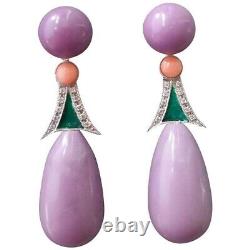 Dangle Drop Women Earrings Fine Pear Shape Pink & Green CZ 925 Sterling Silver