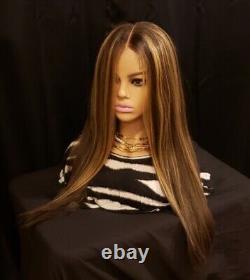 Dark Brown Blonde Wig HD Front Lace Human Hair Blend Highlights Straight 24 In