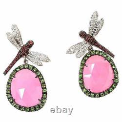 Dark Pink Tsavorites, Green Emerald, Red Garnet & White CZ Dragonfly Earrings