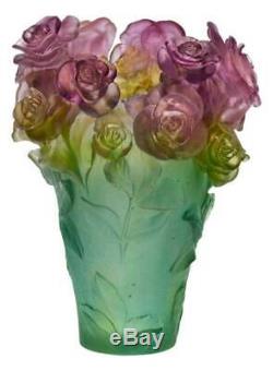 Daum Crystal Rose Passion Vase Green Pink