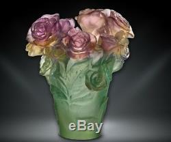 Daum Rose Passion Vase 05287 Pink and Green NEW