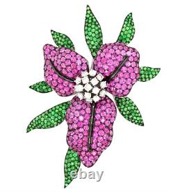 Deep Green Pave Emerald, Instant Pink Ruby & White CZ 16.7TCW Lily Flower Brooch