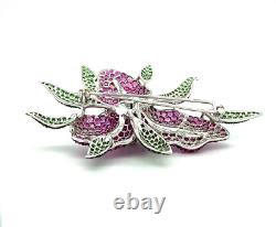 Deep Green Pave Emerald, Instant Pink Ruby & White CZ 16.7TCW Lily Flower Brooch