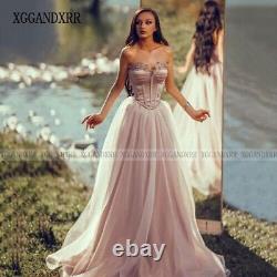 Dusty Pink A Line Prom Dress Sweetheart Backless Beading Pearl Sweep Train Long