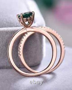 Emerald Ring Moissanite Studded Band For Women Rose Gold Solid 14K Victorian Set