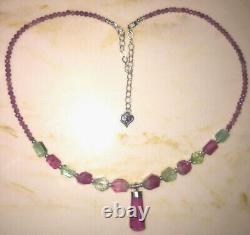 Exclusive natural stone pink green tourmaline rare 18' boho necklace heart 925