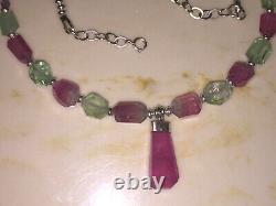 Exclusive natural stone pink green tourmaline rare 18' boho necklace heart 925