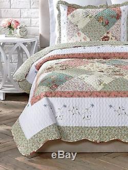 FLORAL PATCHWORK 3p Full Queen QUILT CELIA GREEN PINK SHABBY WHITE CHIC COTTAGE