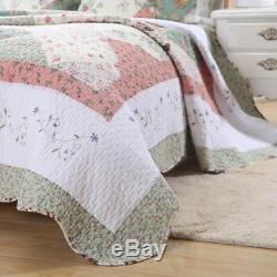 FLORAL PATCHWORK 3p Full Queen QUILT CELIA GREEN PINK SHABBY WHITE CHIC COTTAGE