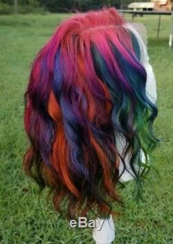 Fall Rainbow Pink Purple Green Blue Orange ombre Human Hair Front Lace Wig Bob