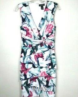 GREEN PINK MULTICOLOR FLORAL SURPLICE TIERED SLIMMING DRESS Sz 8 NEW