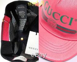GUCCI pink M/58 green SYLVIE logo leather & mesh Baseball Hat cap NWT Auth $595