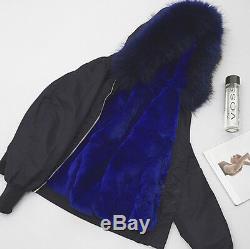 Genuine Rex Rabbit Fur Lining Raccoon Trim Hooded Nylon Pilot Jacket Parka Coat