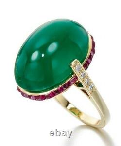 Green Cabochon Pink Princess Halo 14k Yellow Gold on 925 Sterling Silver Ring