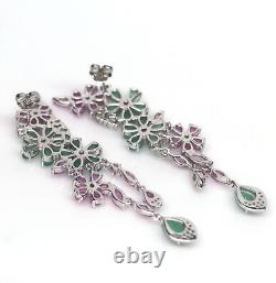 Green Emerald, Pink Ruby & Cubic-Zirconia Earrigns Silver 925 Sterling