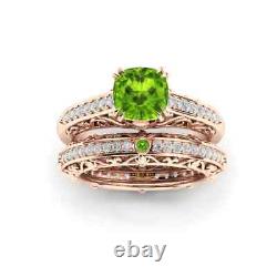 Green Peridot With Moissanite Rose Gold Plated 925 Silver Wedding Band Ring Set