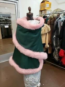 Green & Pink 100% Pure Cashmere Swing Cape Shawl Wrap Fox Trim Alpha Kappa Alpha