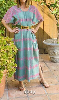 Green Pink Embroidered Mexican Huipil Cotton Kaftan Pippa Dress