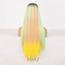 Green Pink Yellow Ombre Synthetic Wig Multicolour Straight Lace Front Fake Hair