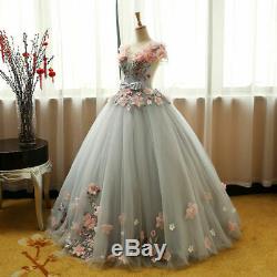 Grey Green Quinceanera Dresses Puffy Tulle With Pink Flowers Lace Prom Sweet 16