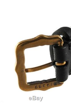 Gucci Black Leather Gold Tone Pink Green Blue Amber Crystal Statement Bracelet