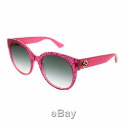 Gucci GG0035S 005 Pink Glitter Plastic Round Sunglasses Green Gradient Lens